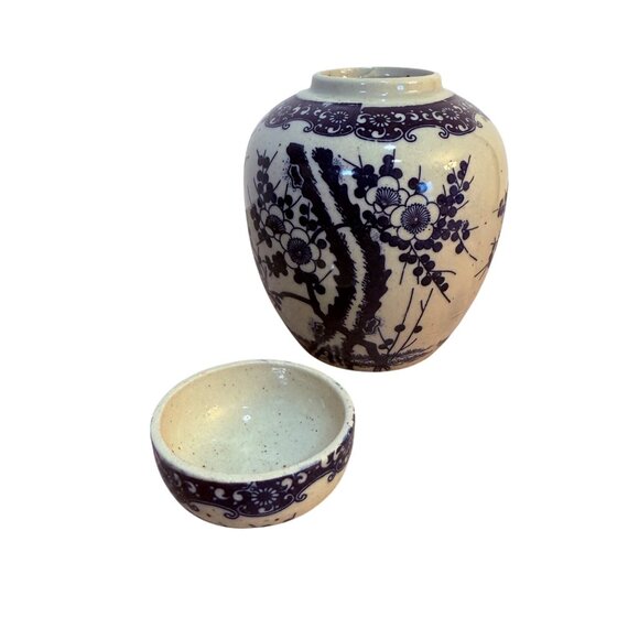 Japanese Ceramic Ginger Jar Pottery Lid VTG Blue Floral Cherry Blossom Storage - Picture 8 of 14